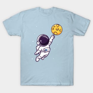 Cute Astronaut Catching Moon Cartoon T-Shirt